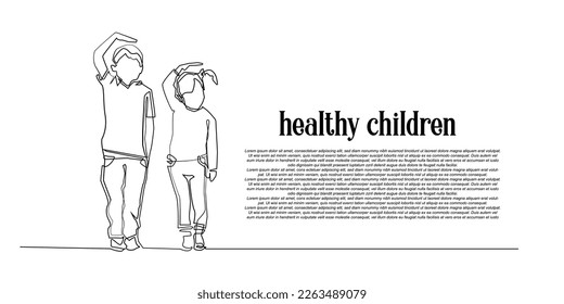 continuous line of healthy children. two children measuring height by hand. single line healthy child movement.