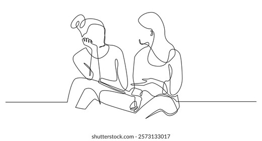 continuous line hearing a friend's outpouring. one line drawing of two women sitting and talking about life's problems. single line vector illustration. isolated on white background