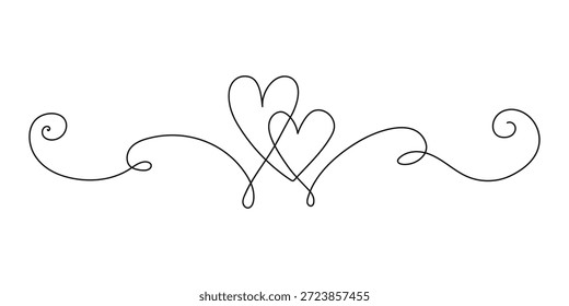 Desenho cardíaco em linha contínua. Um símbolo de amor de ilustração de vetor de linha. Numera uma linha. Contorno romântico do coração, borda ou elemento divisor. Forma de coração único no estilo de arte de linha para o casamento