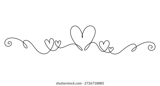 Dibujo de corazón de línea continua. Símbolo de amor de Ilustración vectorial de una línea. Nubes una línea. Corazón de contorno romántico, borde o elemento divisor. Forma de un solo corazón en estilo de arte de línea para la boda