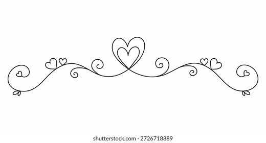 Dibujo de corazón de línea continua. Símbolo de amor de Ilustración vectorial de una línea. Nubes una línea. Corazón de contorno romántico, borde o elemento divisor. Forma de un solo corazón en estilo de arte de línea para la boda