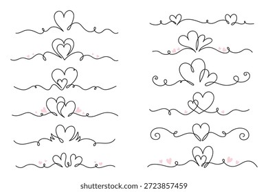Conjunto de desenhos cardíacos de linha contínua. Um conjunto de símbolos de amor de vetor de linha. Numera uma linha. Coleção de elementos de contorno romântico do coração, borda ou divisor. Forma de coração único no estilo de arte de linha para o casamento