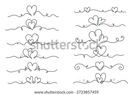 Continuous line heart drawings set. One line vector love symbol set. Nubes one line. Romantic contour heart, border or divider elements collection. Single heart shape in line art style for wedding