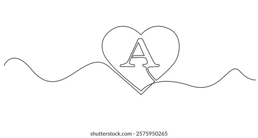 continuous line heart with letter A.one line drawing of heart sign with initial letter A.single line vector illustration.isolated white background