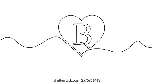 continuous line heart with letter B.one line drawing of heart sign with initial letter B.single line vector illustration.isolated white background