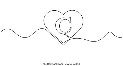 continuous line heart with letter C.one line drawing of heart sign with initial letter C.single line vector illustration.isolated white background