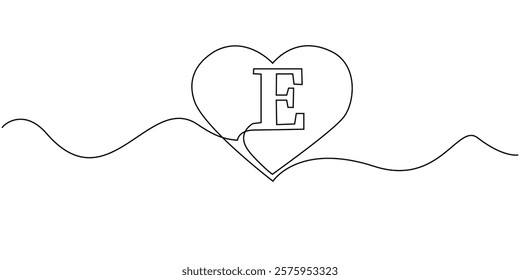 continuous line heart with letter E.one line drawing of heart sign with initial letter E.single line vector illustration.isolated white background