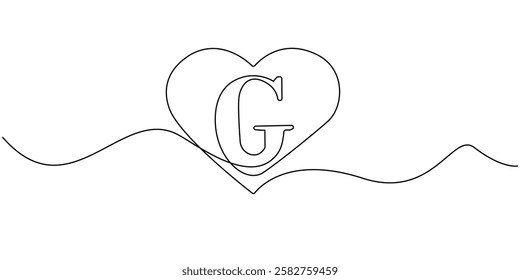 continuous line heart with letter G.one line drawing of heart sign with initial letter G.single line vector illustration.isolated white background