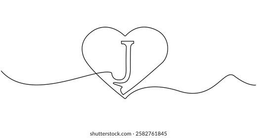 continuous line heart with letter J.one line drawing of heart sign with initial letter J.single line vector illustration.isolated white background