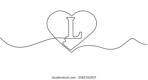 continuous line heart with letter L.one line drawing of heart sign with initial letter L.single line vector illustration.isolated white background