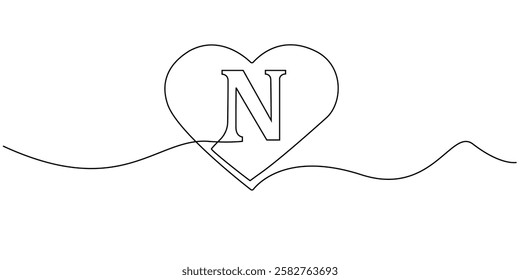 continuous line heart with letter N.one line drawing of heart sign with initial letter N.single line vector illustration.isolated white background