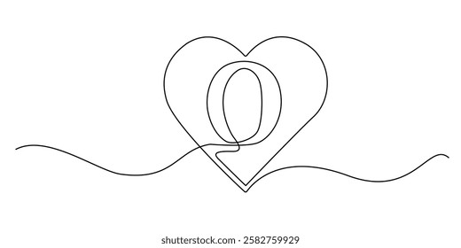 continuous line heart with letter O.one line drawing of heart sign with initial letter O.single line vector illustration.isolated white background