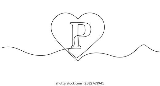 continuous line heart with letter P.one line drawing of heart sign with initial letter P.single line vector illustration.isolated white background