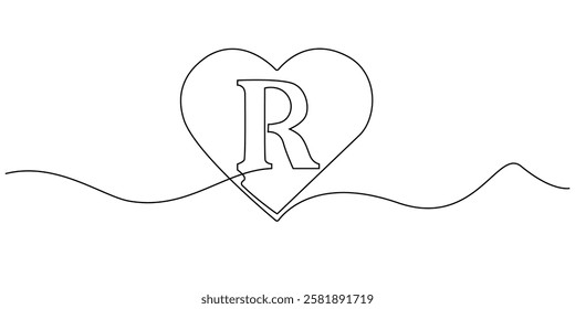 continuous line heart with letter R.one line drawing of heart sign with initial letter R.single line vector illustration.isolated white background