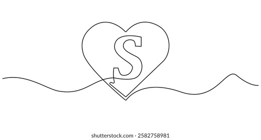 continuous line heart with letter S.one line drawing of heart sign with initial letter S.single line vector illustration.isolated white background