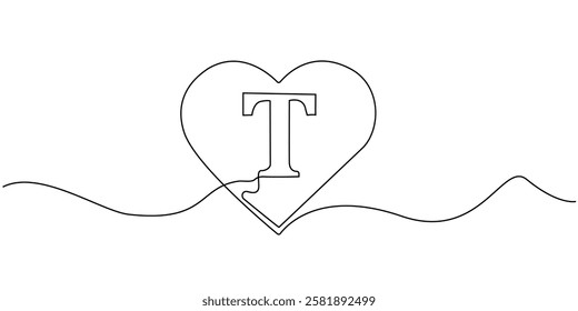continuous line heart with letter T.one line drawing of heart sign with initial letter T.single line vector illustration.isolated white background