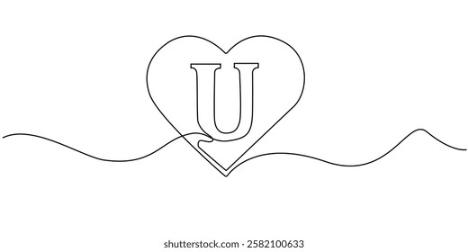 continuous line heart with letter U.one line drawing of heart sign with initial letter U.single line vector illustration.isolated white background