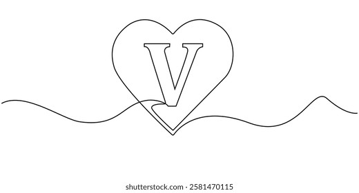 continuous line heart with letter V.one line drawing of heart sign with initial letter V.single line vector illustration.isolated white background