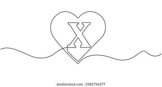 continuous line heart with letter X.one line drawing of heart sign with initial letter X.single line vector illustration.isolated white background