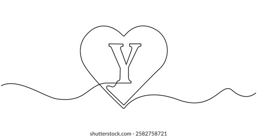 continuous line heart with letter Y.one line drawing of heart sign with initial letter Y.single line vector illustration.isolated white background