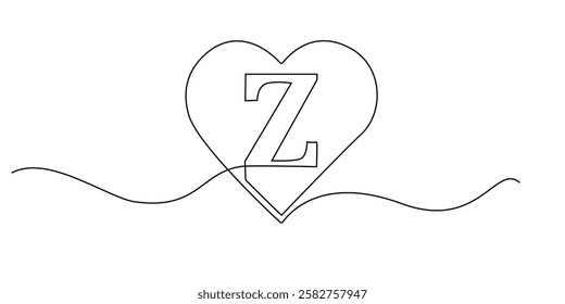 continuous line heart with letter Z.one line drawing of heart sign with initial letter Z.single line vector illustration.isolated white background