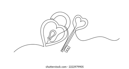 continuous line of heart lock and key. One line drawing of a key opening a heart lock isolated on white background