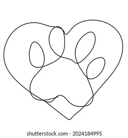 continuous line Heart and paws of dogs and cats
