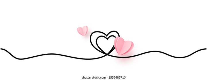 Continuous line heart shape border with realistic paper heart on white background for valentines, women, mother day greeting invitation graphic design.