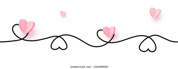 Continuous line heart shape border with realistic paper heart on white background for valentines, women, mother day greeting invitation graphic design.