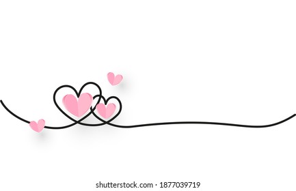 Continuous line heart shape border with realistic paper heart on white background for valentines, women, mother day greeting invitation graphic design