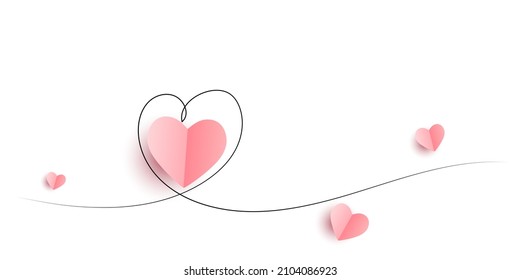 Continuous line heart shape border with realistic paper heart on white background for valentines, women, mother day greeting invitation graphic design
PNG