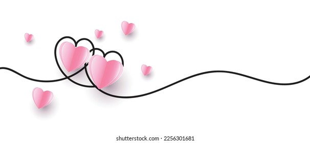 Continuous line heart shape border with a realistic paper heart on white background for valentines, women, mother's day greeting invitation graphic design.