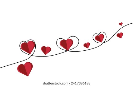 Continuous line heart shape border with realistic paper heart on white background for valentines. graphic design.