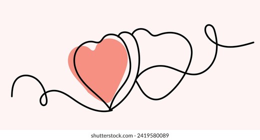 Continuous line heart shape border with realistic paper hearts on white background for valentine, women, valentines day greeting invitation graphic design