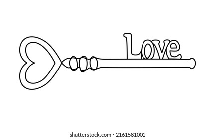 Dibujo continuo de la llave en forma de corazón. Ilustración minimalista dibujada a mano, concepto de amor romántico para el día de San Valentín. Claves vectoras para habitación de hotel, casa, venta inmobiliaria, alquiler. Esquema del icono de acceso