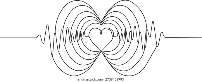 Línea continua del corazón que se expande hacia afuera como ondas sonoras.