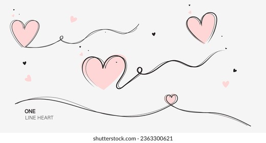 Continuous line with heart.Hand drawn vector illustration.Fine swirls and romantic symbols.Vector