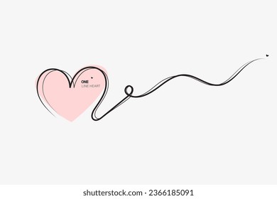 Continuous line with heart.Hand drawn vector illustration.Fine swirls and romantic symbols.Vector