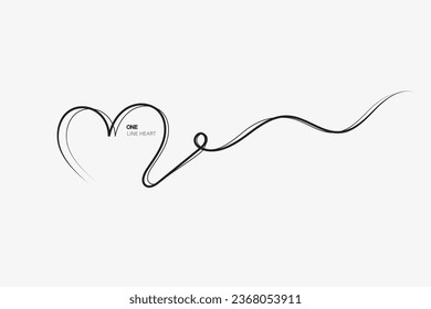 Continuous line with heart.Hand drawn vector illustration.Fine swirls and romantic symbols.Vector