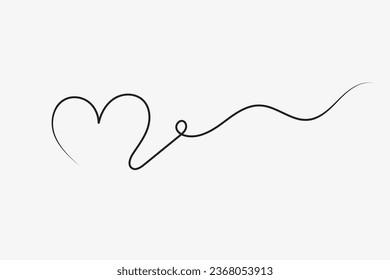 Continuous line with heart.Hand drawn vector illustration.Fine swirls and romantic symbols.Vector