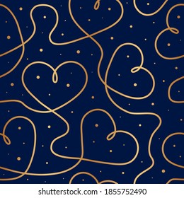 Continuous line hearts. Gold heart seamless pattern. Elegant outlined golden heart. Contemporary outline heart background for wedding design wrapping paper, gift wrappers, wallpapers, prints. Vector