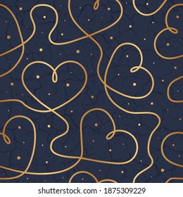 Continuous line hearts. Gold heart seamless pattern. Elegant outlined golden heart. Contemporary outline heart background for wedding design wrapping paper, gift wrappers, wallpapers, prints. Vector