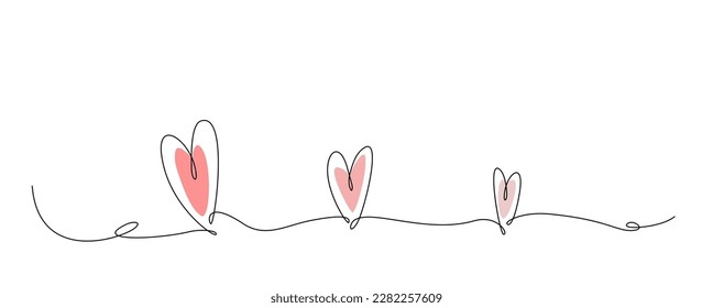 Continuous line hearts with pink shapes. Heart logo. Single line object for Valentines background. One line drawing of love symbol. Handdrawn doodle illustration. Love minimalist vector sign