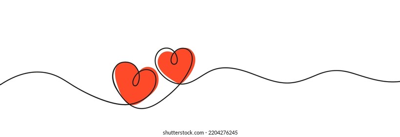 Continuous line hearts together. Red heart with black line, romantic relationship love and family. Support and help metaphor, friendship vector concept