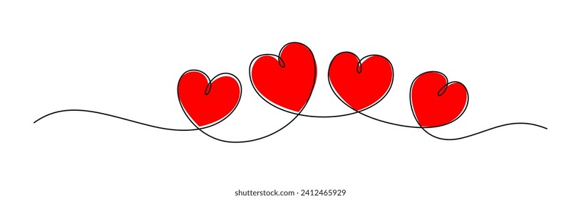 Continuous line hearts together. Red heart with black line, romantic relationship love and family. Support and help metaphor, friendship vector concept.