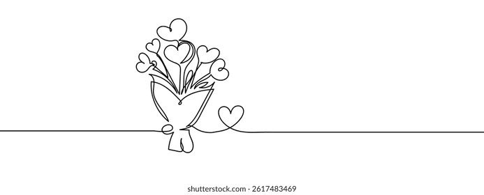 Continuous line, heart-shaped flower bouquet vector illustration with transparent background.