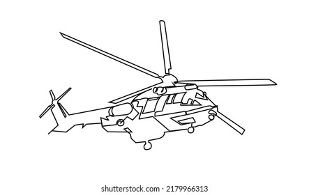 continuous line helicopter in flight. Drawing black thin line on white background. Continuous line drawing helicopter vector illustration. Millitary helicopter. Ukraine war.