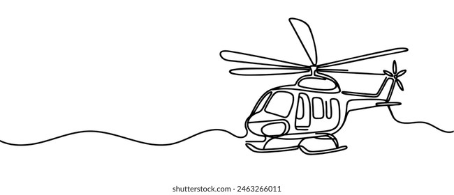 continuous line helicopter in flight. Drawing black thin line on white background