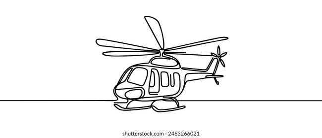 helicóptero de línea continua en vuelo. Dibujo de línea fina negra sobre fondo blanco
