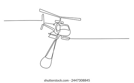 línea continua de helicóptero con tanque de agua. helicóptero de transporte aéreo extinguiendo el fuego una línea de dibujo. helicóptero de vuelo de línea única con tanque de agua